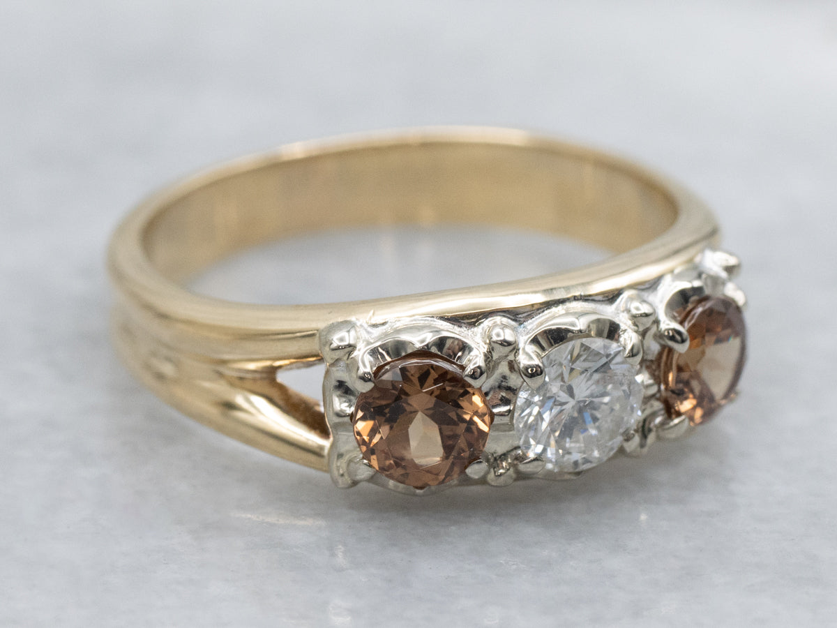 Round-Brilliant Diamond and Mali Garnet Split Shank Ring