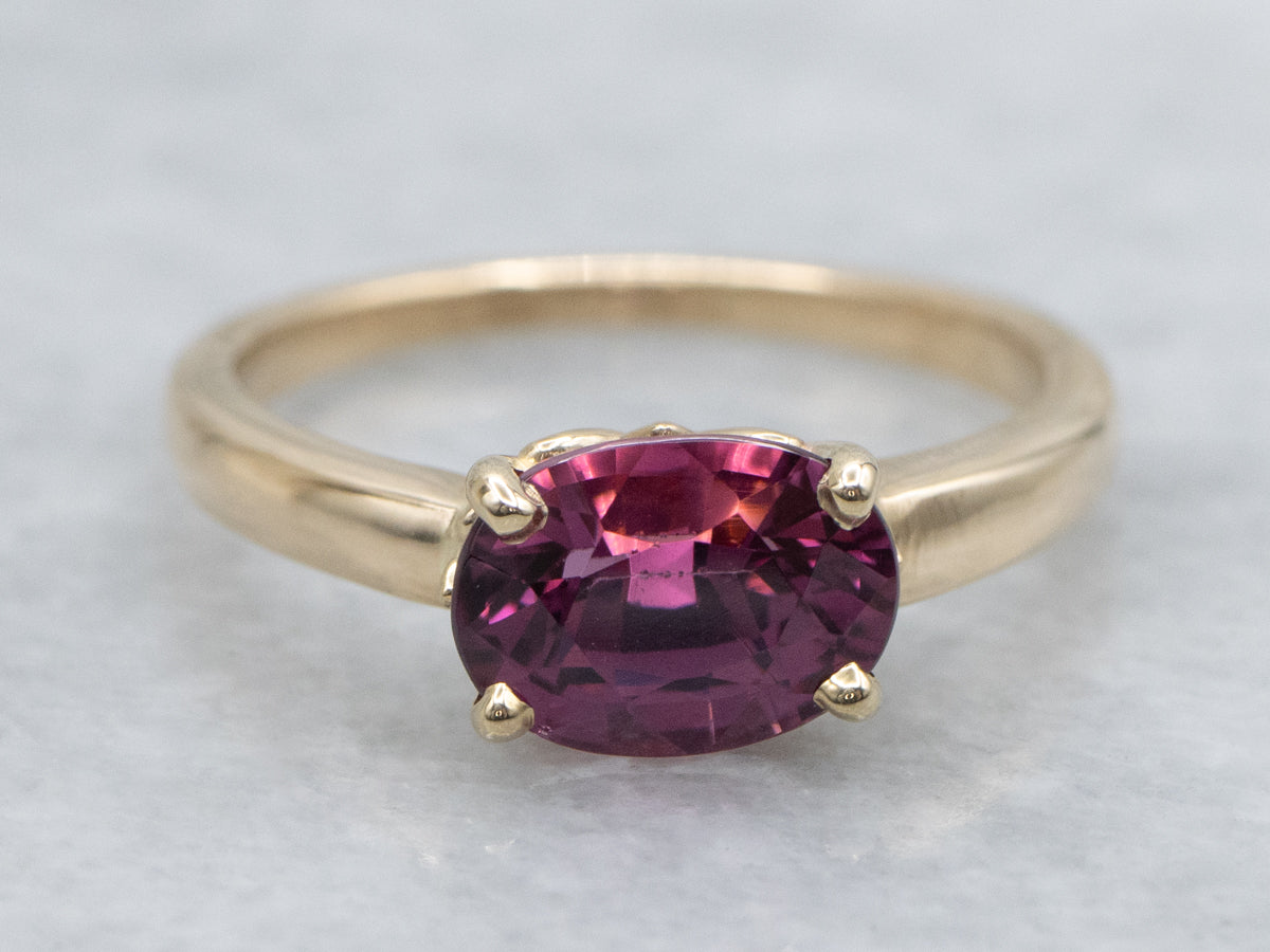 East to West Oval Cut Garnet Yellow Gold Solitaire Ring