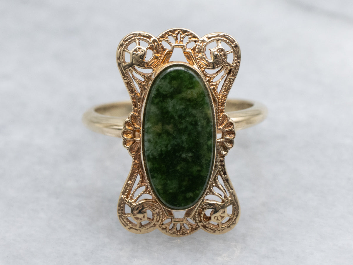 Oval Nephrite Jade Yellow Gold Filigree Setting Cocktail Ring