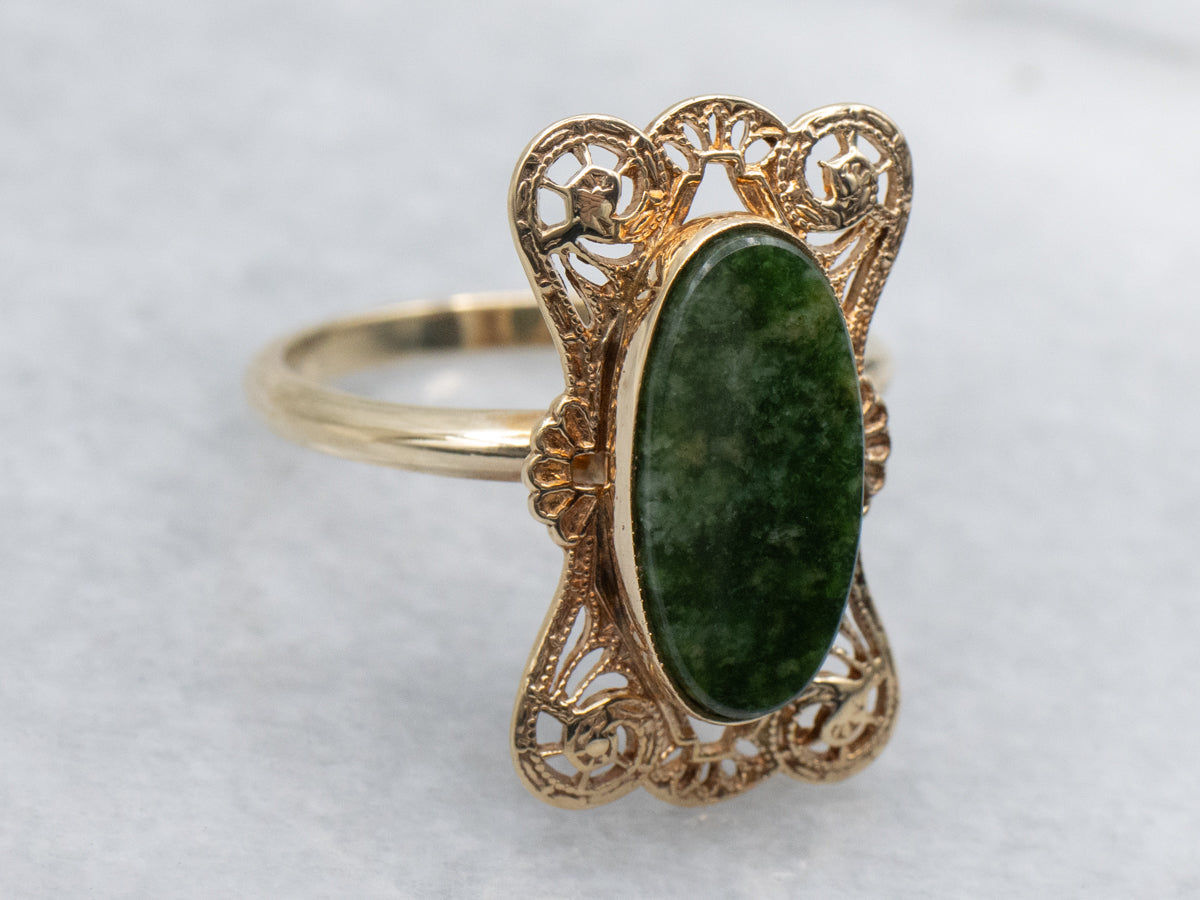 Oval Nephrite Jade Yellow Gold Filigree Setting Cocktail Ring
