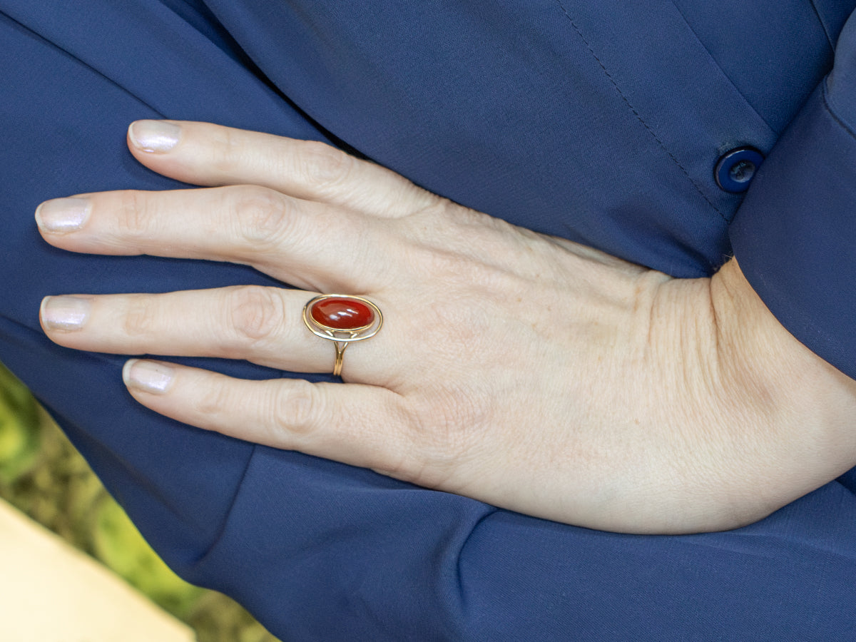 Bezel Set Oval Carnelian Vintage Yellow Gold Cocktail Ring