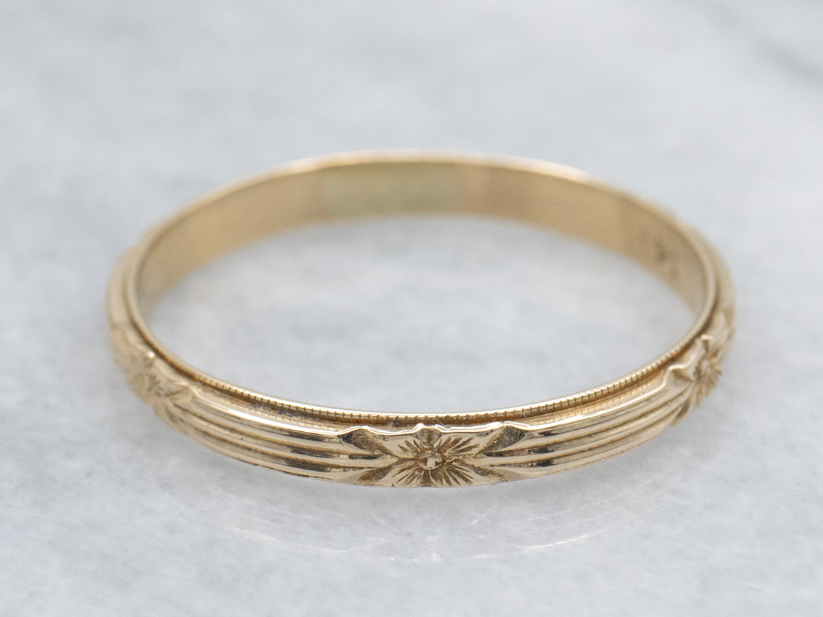 Floral Orange Blossom Patterned Antique Gold Band