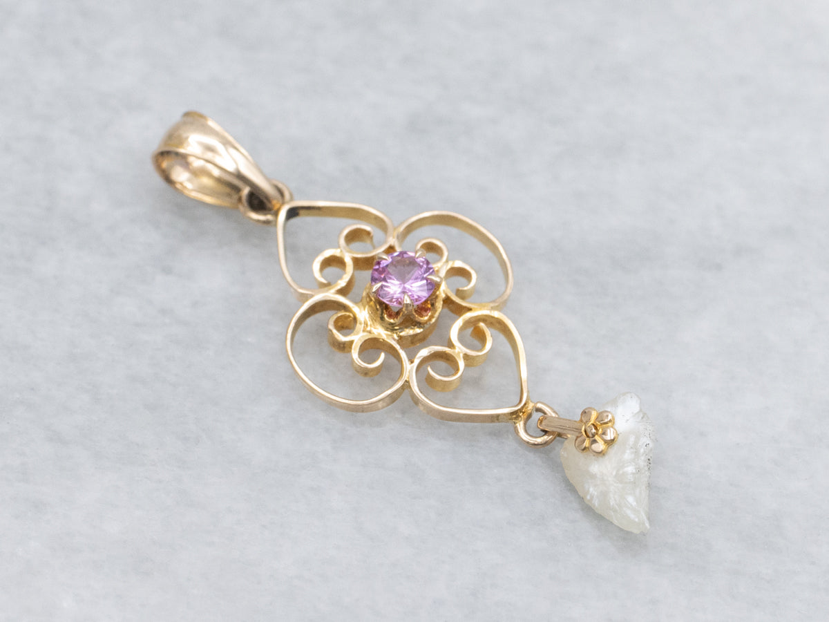 Ostby and Barton Pink Sapphire and Pearl Drop Yellow Gold Pendant