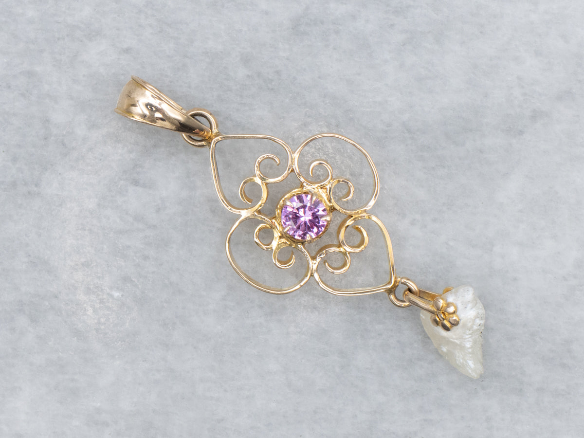 Ostby and Barton Pink Sapphire and Pearl Drop Yellow Gold Pendant