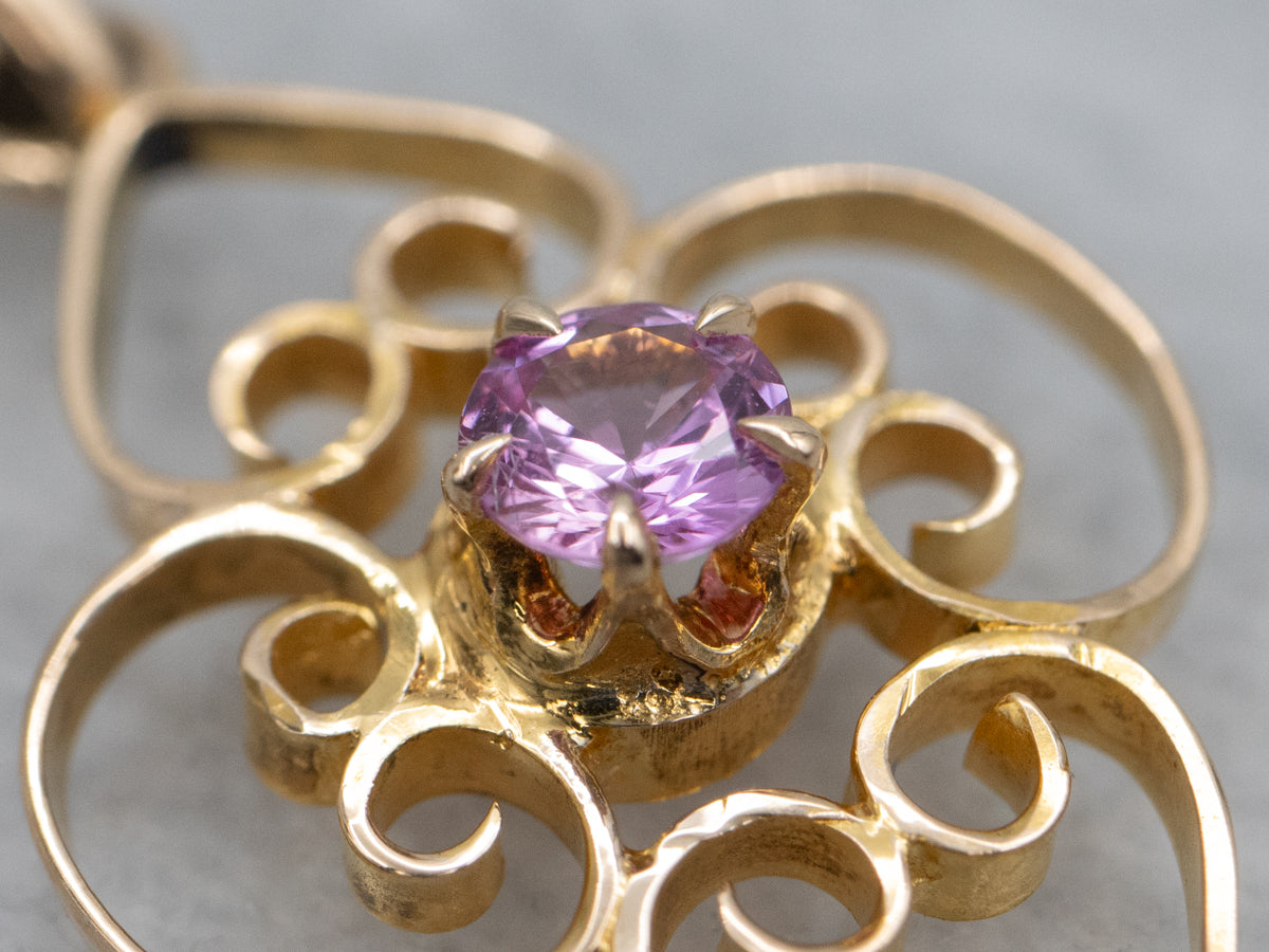 Ostby and Barton Pink Sapphire and Pearl Drop Yellow Gold Pendant