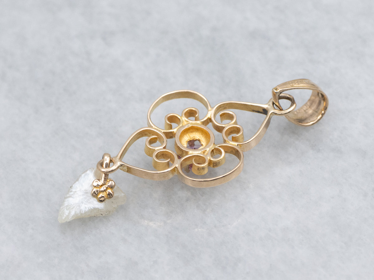 Ostby and Barton Pink Sapphire and Pearl Drop Yellow Gold Pendant