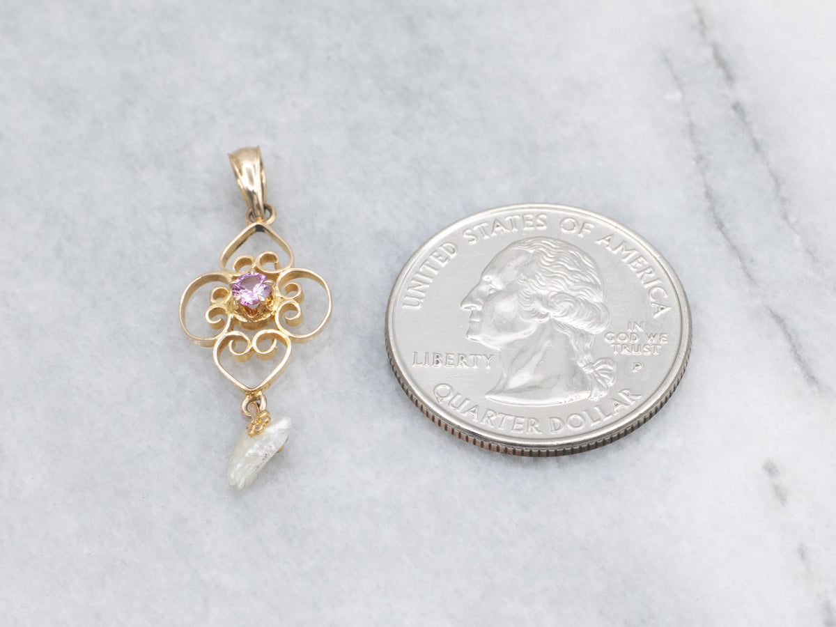 Ostby and Barton Pink Sapphire and Pearl Drop Yellow Gold Pendant
