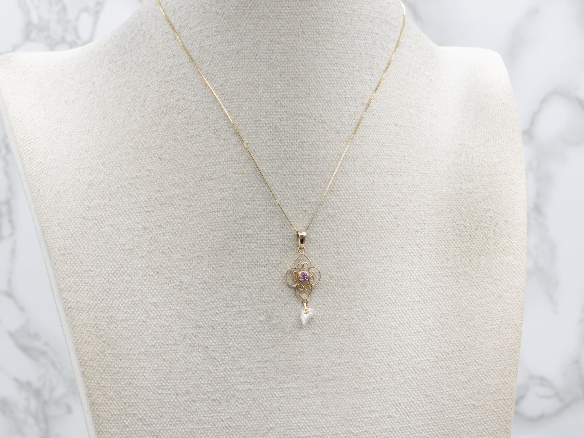 Ostby and Barton Pink Sapphire and Pearl Drop Yellow Gold Pendant