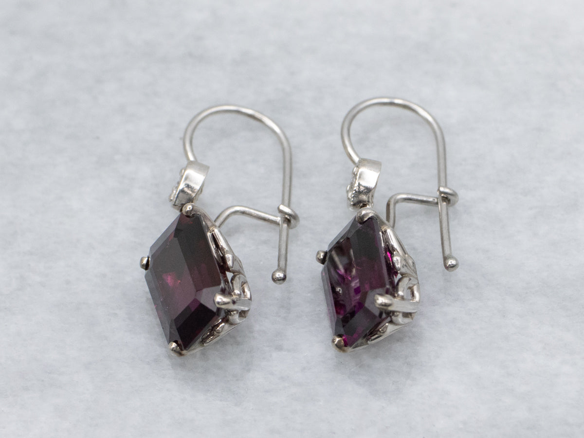 Rhodolite Garnet and Sweetheart Diamond White Gold Drop Earrings