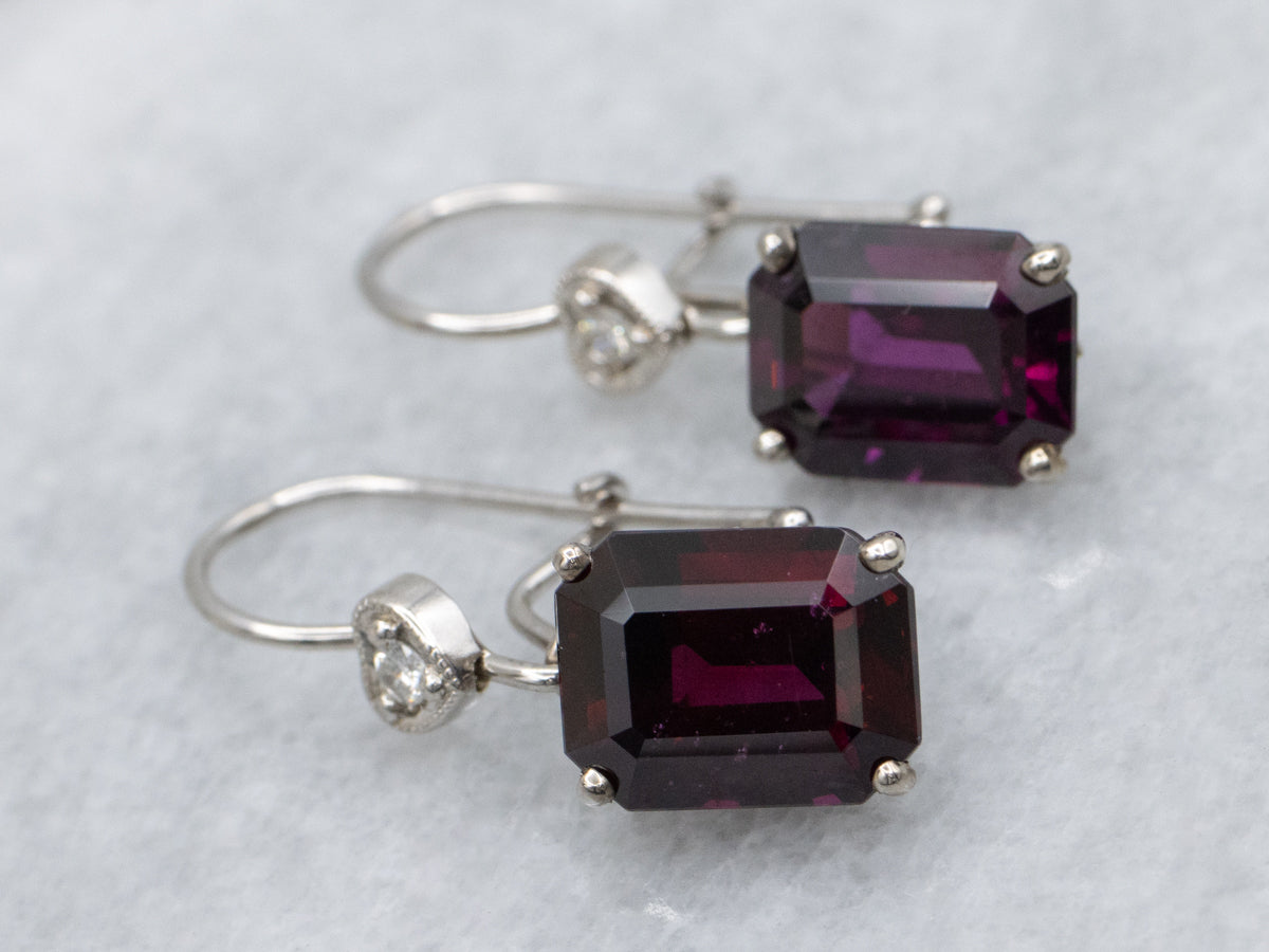 Rhodolite Garnet and Sweetheart Diamond White Gold Drop Earrings