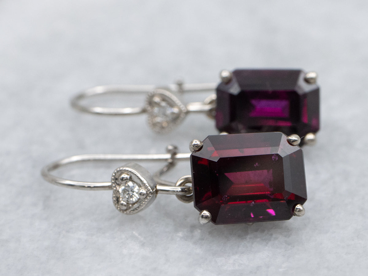 Rhodolite Garnet and Sweetheart Diamond White Gold Drop Earrings