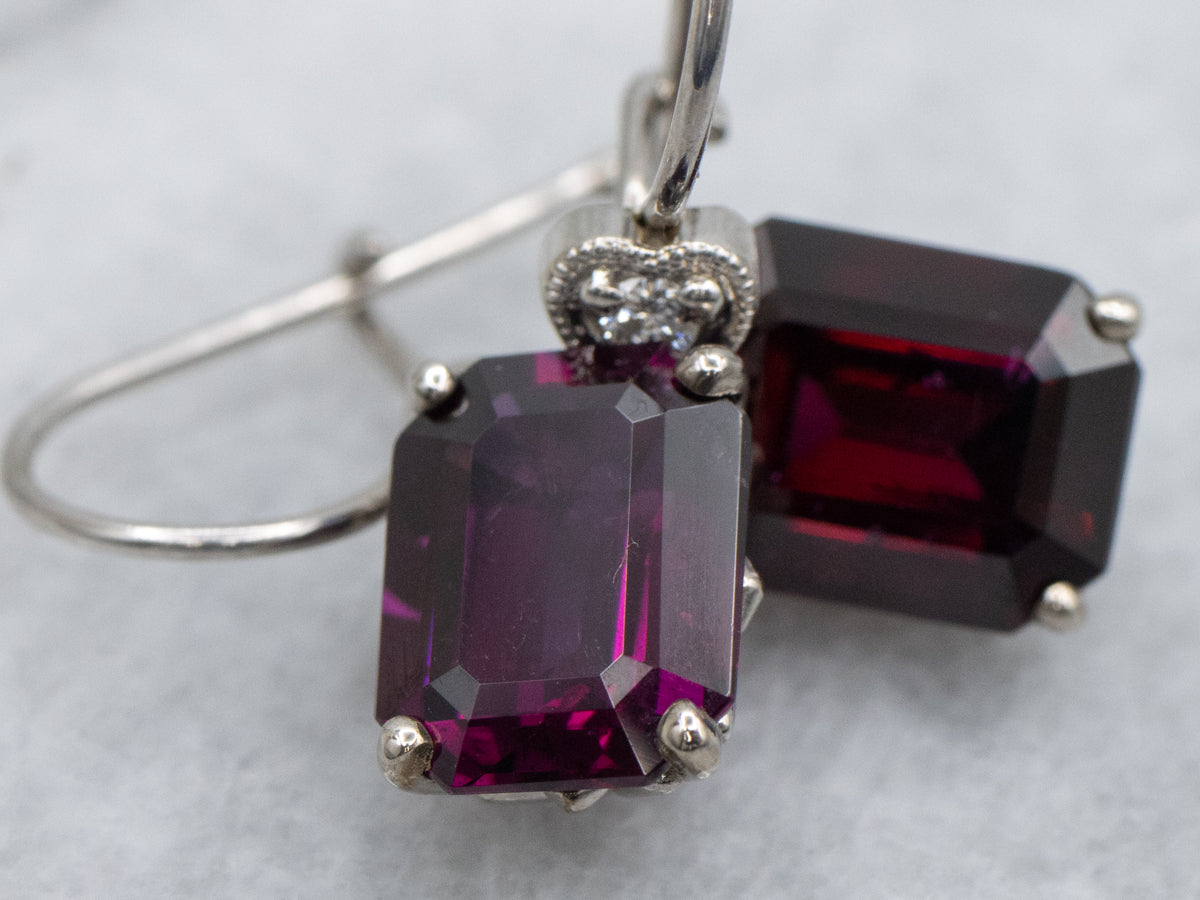 Rhodolite Garnet and Sweetheart Diamond White Gold Drop Earrings