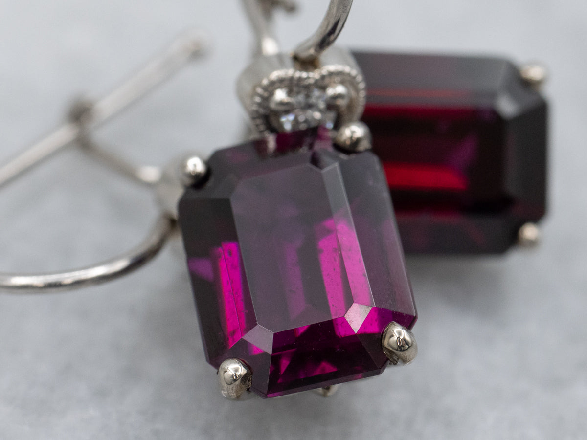 Rhodolite Garnet and Sweetheart Diamond White Gold Drop Earrings