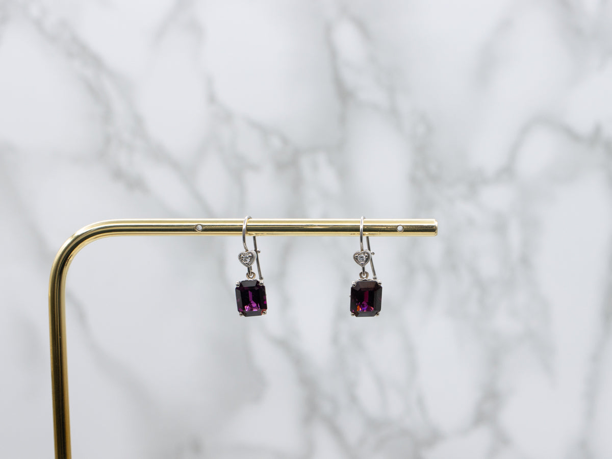 Rhodolite Garnet and Sweetheart Diamond White Gold Drop Earrings