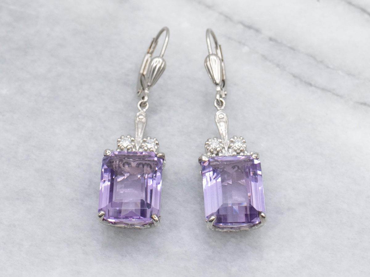 Emerald Cut Amethyst and Diamond White Gold Drop Earrings