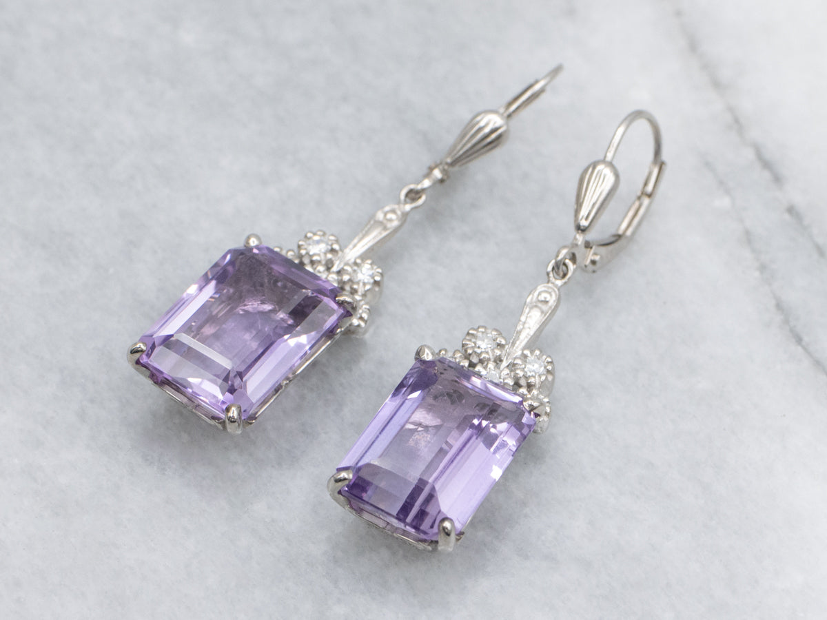 Emerald Cut Amethyst and Diamond White Gold Drop Earrings