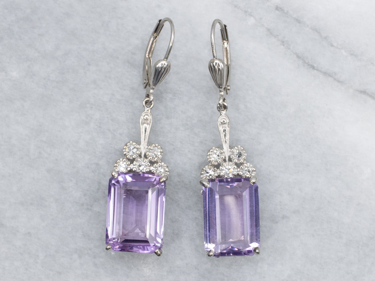 Emerald Cut Amethyst and Diamond White Gold Drop Earrings
