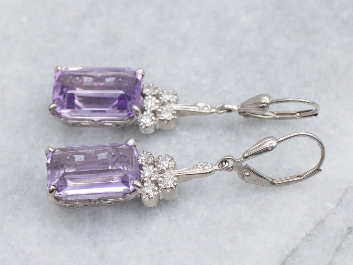 Emerald Cut Amethyst and Diamond White Gold Drop Earrings