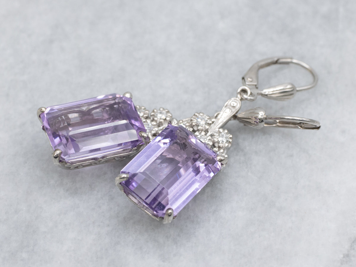 Emerald Cut Amethyst and Diamond White Gold Drop Earrings