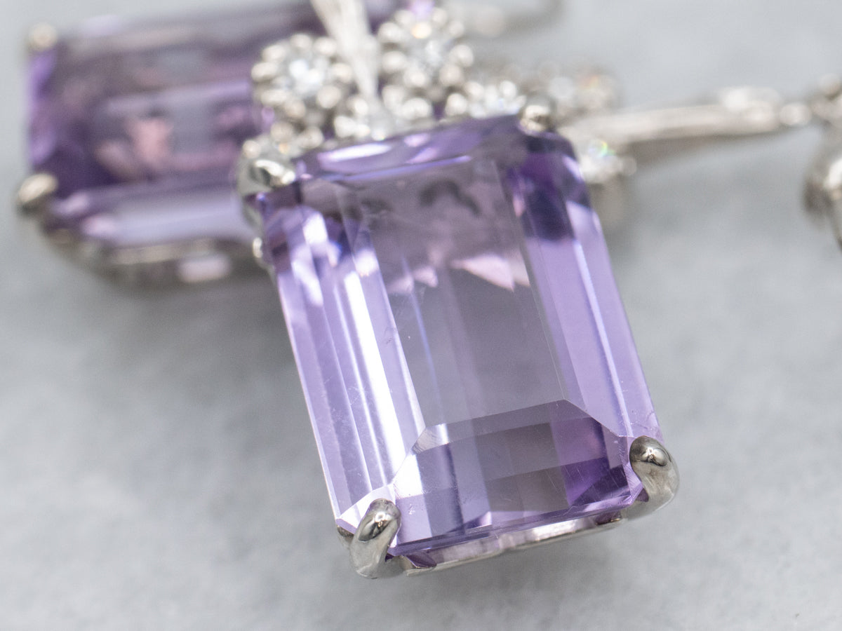 Emerald Cut Amethyst and Diamond White Gold Drop Earrings