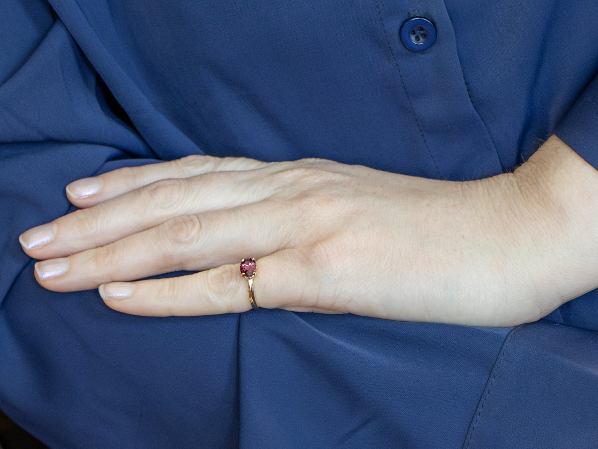 East to West Oval Cut Garnet Yellow Gold Solitaire Ring