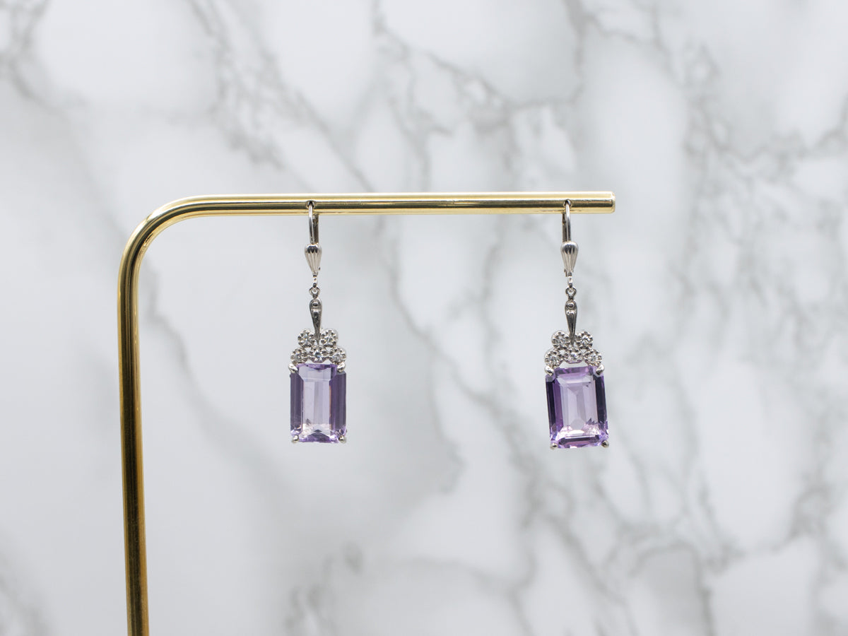Emerald Cut Amethyst and Diamond White Gold Drop Earrings