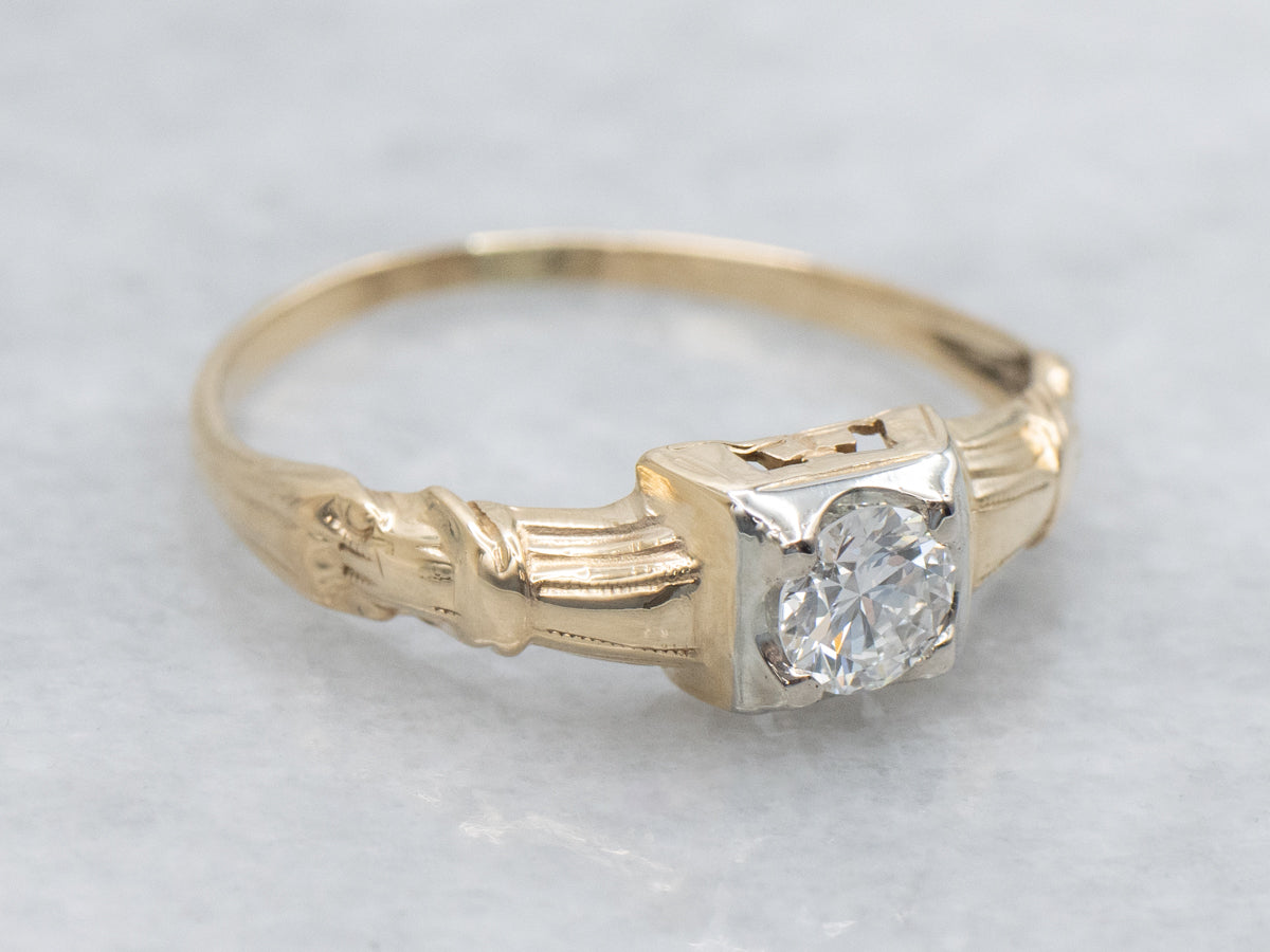 Two-Tone Gold 1940s Diamond Solitaire Engagement Ring