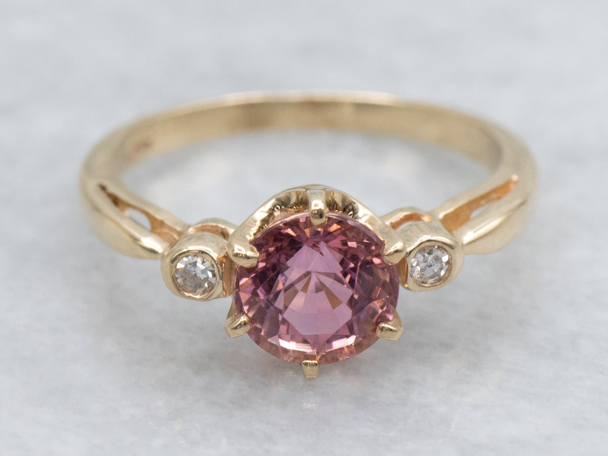 Pink Tourmaline and Diamond Three Stone Ring