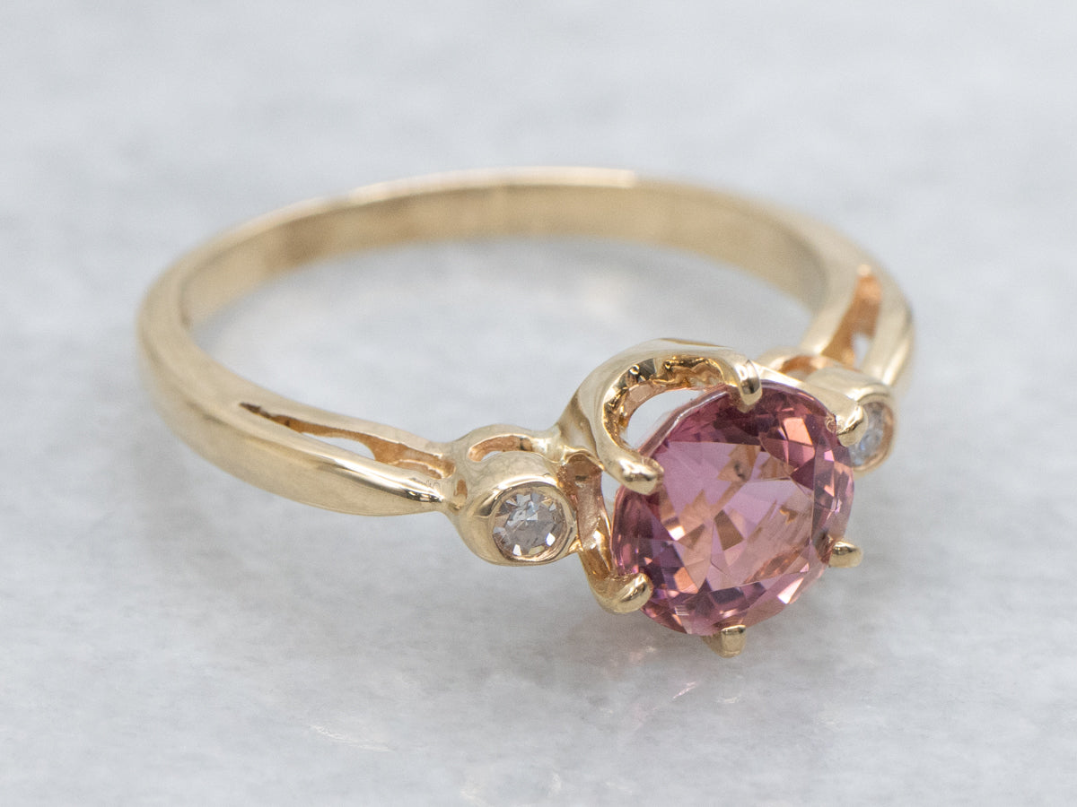 Pink Tourmaline and Diamond Three Stone Ring