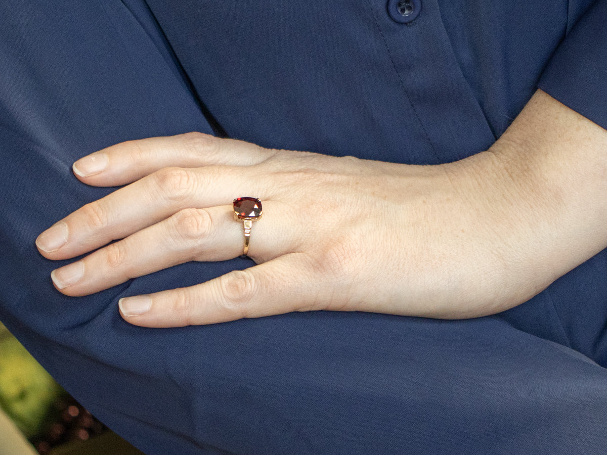 Cushion Cut Garnet in Vintage Yellow Gold Setting
