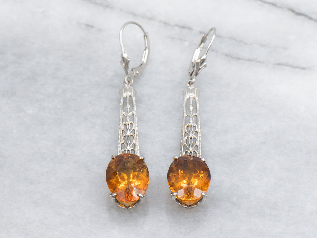 Orange Zircon White Gold Filigree Bar-Pin Conversion Drop Earrings