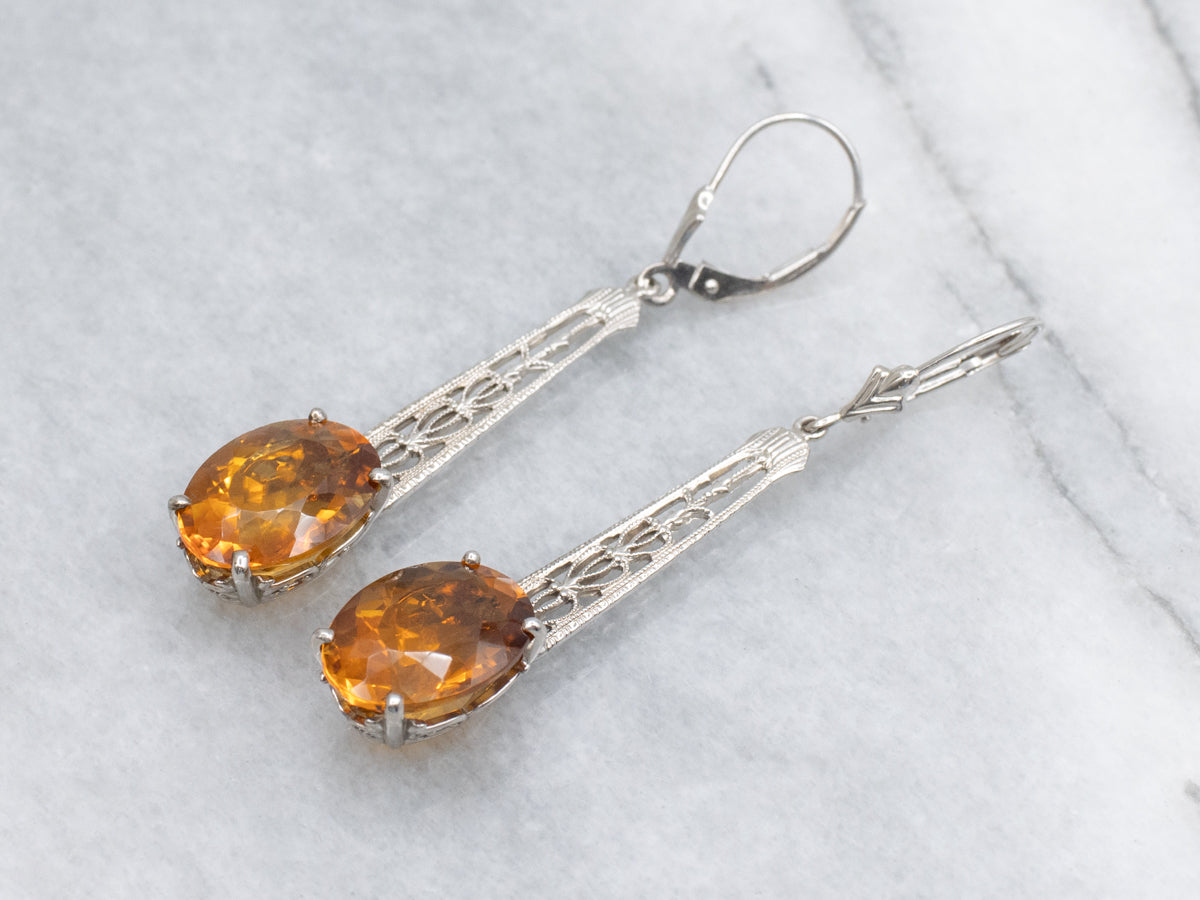 Orange Zircon White Gold Filigree Bar-Pin Conversion Drop Earrings