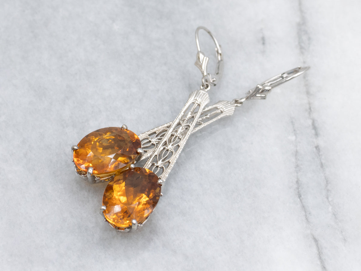 Orange Zircon White Gold Filigree Bar-Pin Conversion Drop Earrings