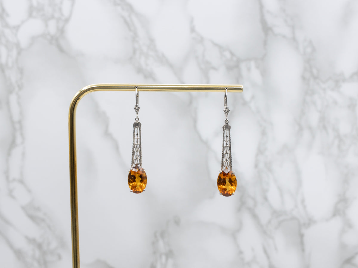 Orange Zircon White Gold Filigree Bar-Pin Conversion Drop Earrings