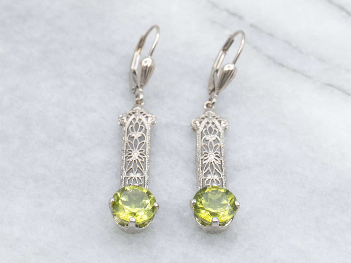 Peridot Floral Filigree White Gold Drop Earrings