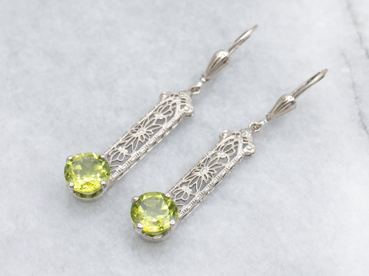 Peridot Floral Filigree White Gold Drop Earrings