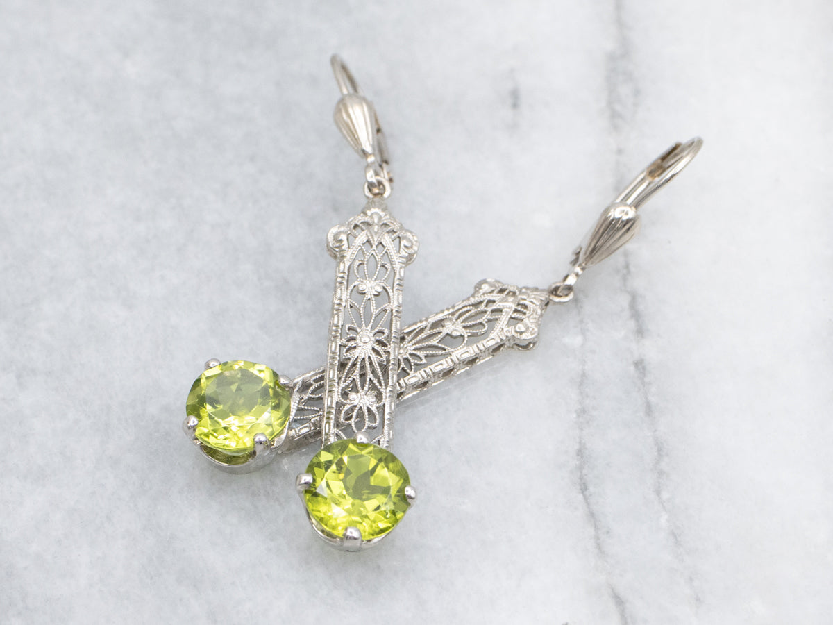 Peridot Floral Filigree White Gold Drop Earrings
