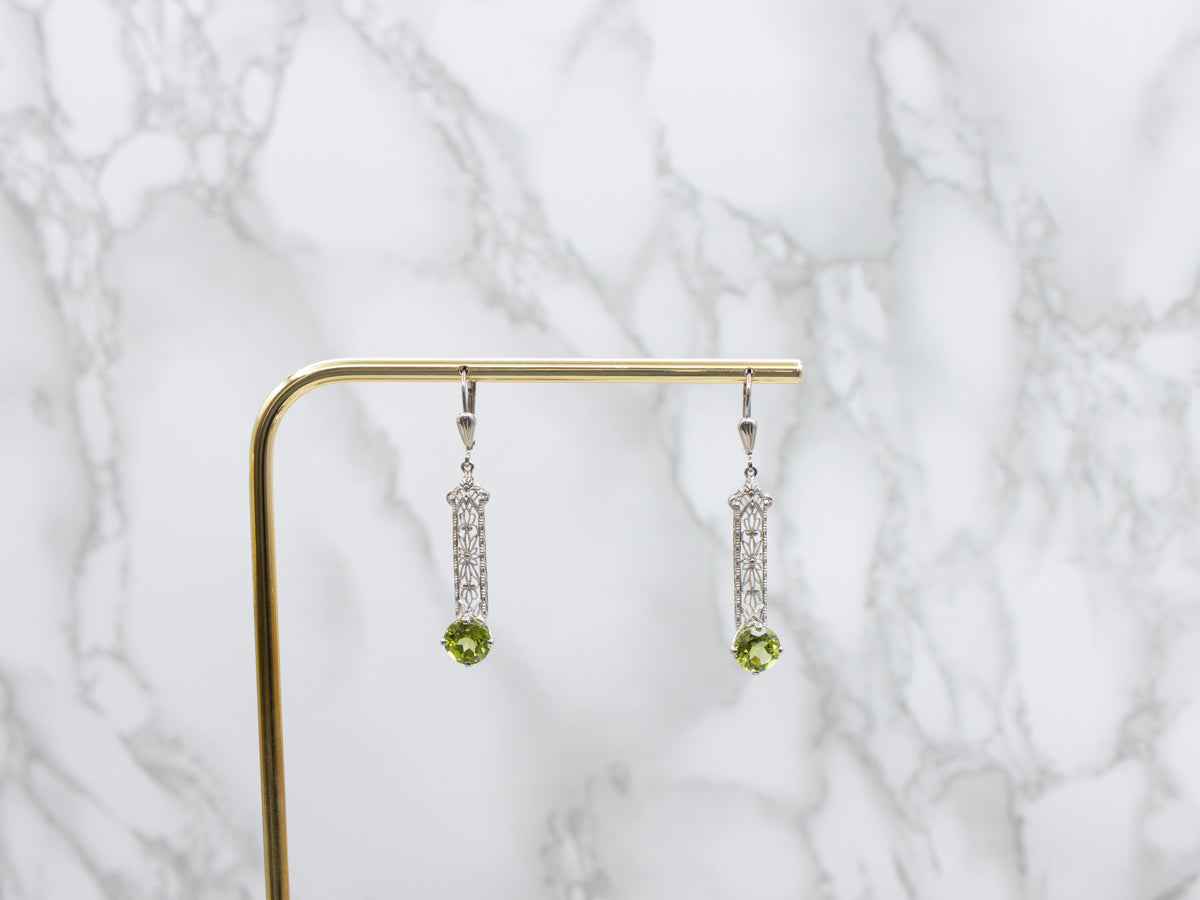 Peridot Floral Filigree White Gold Drop Earrings