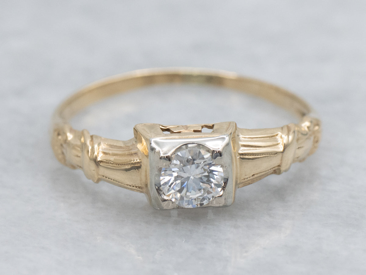 Two-Tone Gold 1940s Diamond Solitaire Engagement Ring