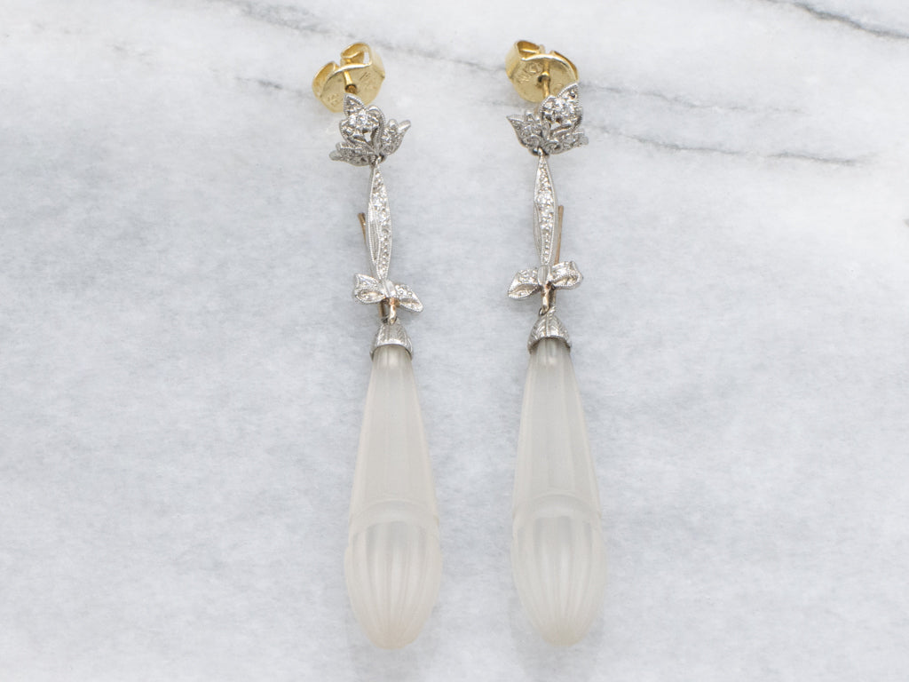 Art Deco Era Carved Camphor Glass and Diamond Platinum and Gold Drop Earrings