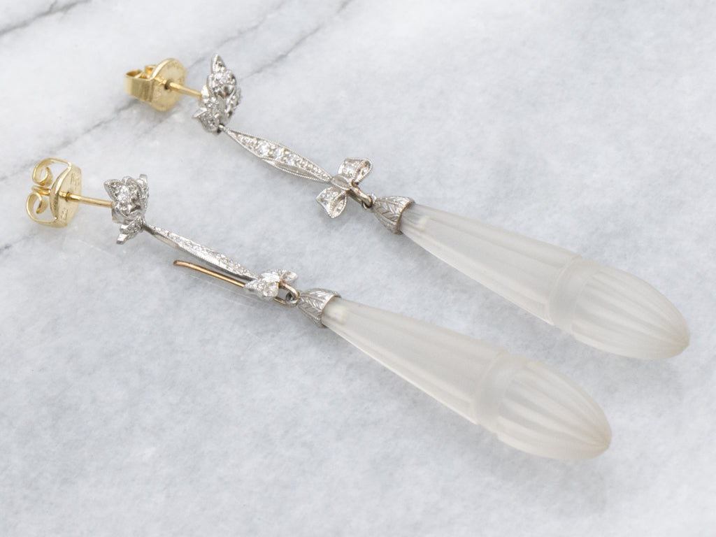 Art Deco Era Carved Camphor Glass and Diamond Platinum and Gold Drop Earrings