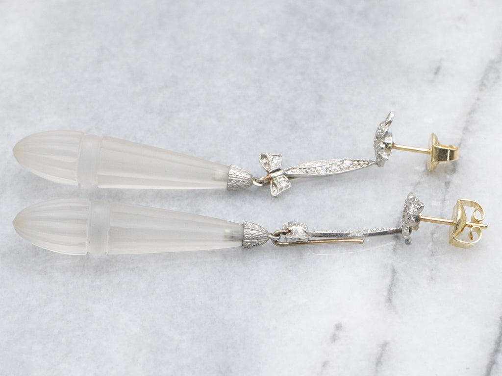 Art Deco Era Carved Camphor Glass and Diamond Platinum and Gold Drop Earrings