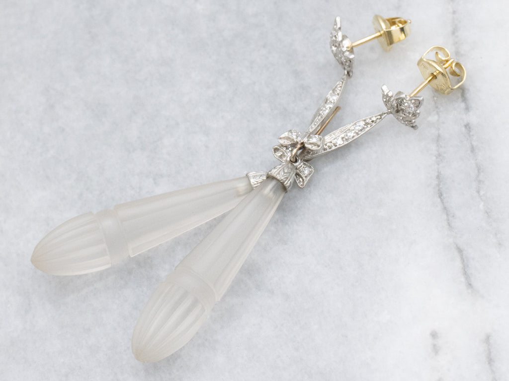 Art Deco Era Carved Camphor Glass and Diamond Platinum and Gold Drop Earrings