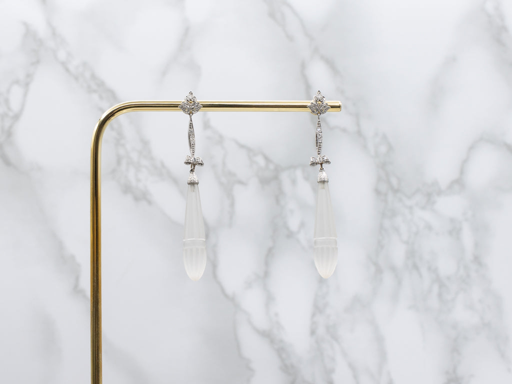 Art Deco Era Carved Camphor Glass and Diamond Platinum and Gold Drop Earrings