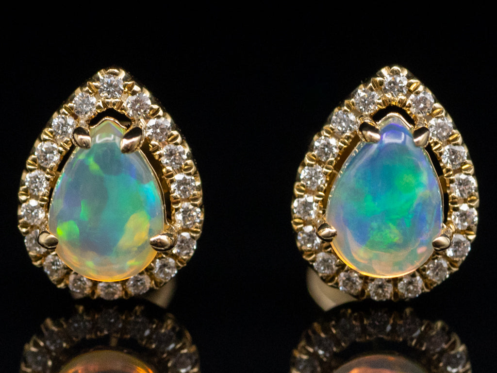 Modern Pear-Cut Opal and Diamond Halo Yellow Gold Stud Earrings