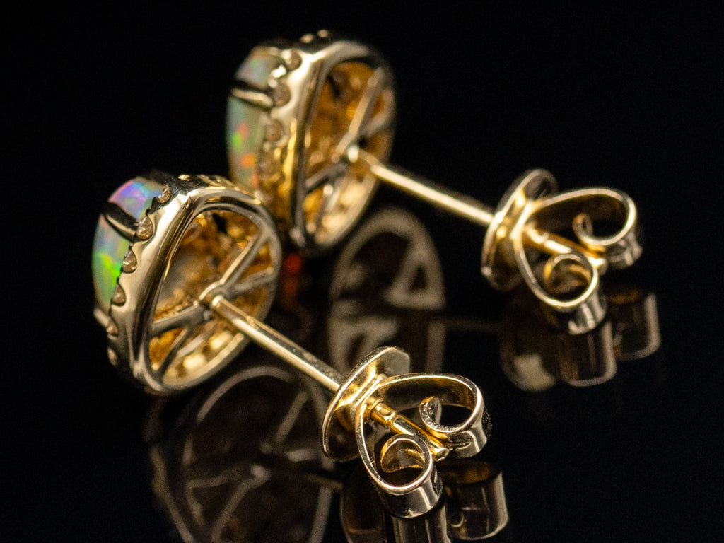 Modern Pear-Cut Opal and Diamond Halo Yellow Gold Stud Earrings