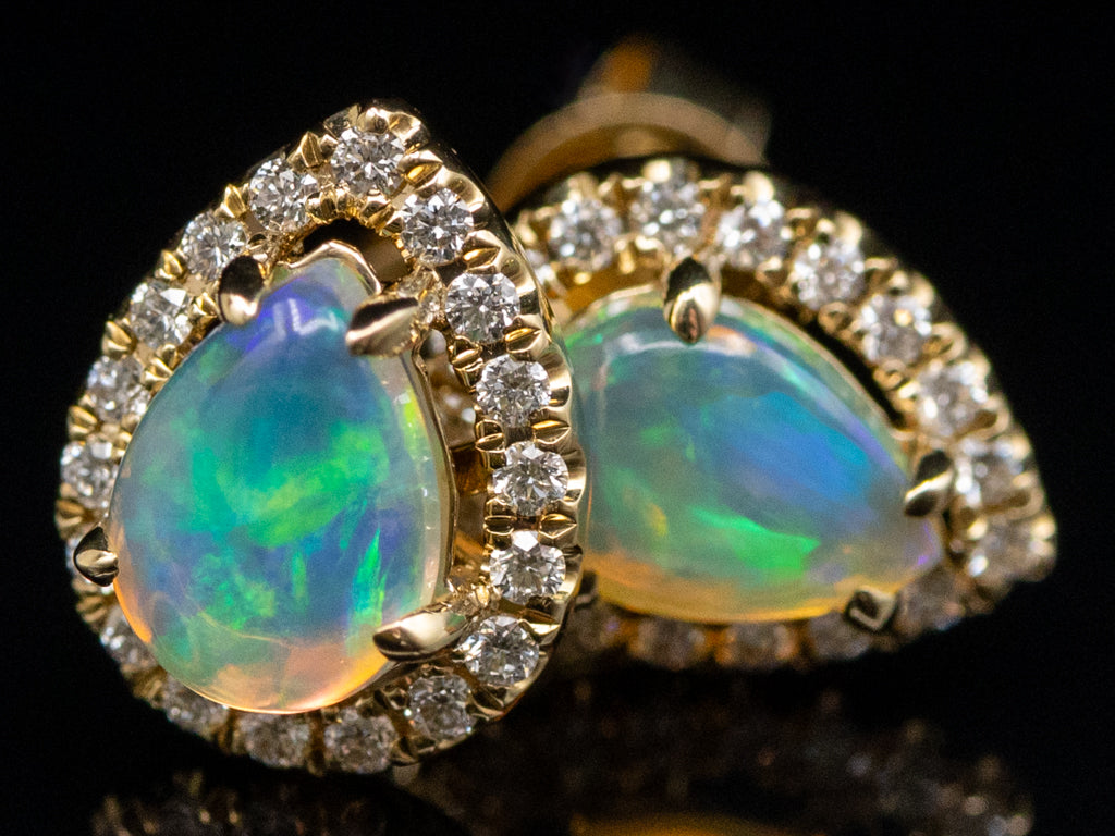 Modern Pear-Cut Opal and Diamond Halo Yellow Gold Stud Earrings
