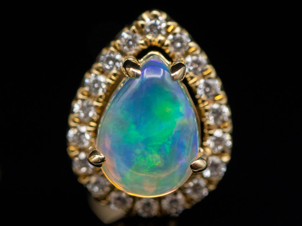 Modern Pear-Cut Opal and Diamond Halo Yellow Gold Stud Earrings