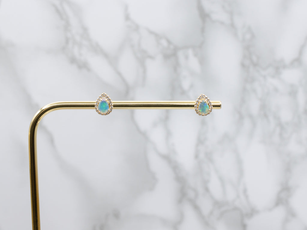 Modern Pear-Cut Opal and Diamond Halo Yellow Gold Stud Earrings