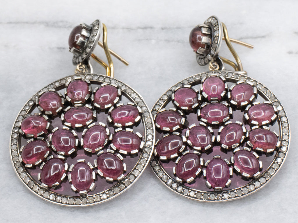 Bold Pink Tourmaline Cabochon Diamond Statement Earrings